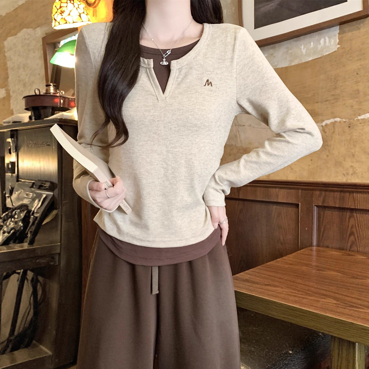 新款秋冬假两件T恤长袖高级感修身显瘦打底衫