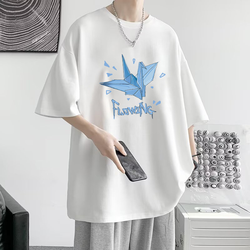 简约纸鹤印花短袖T恤男五分袖宽松青春流行时尚夏季原宿风ins潮牌