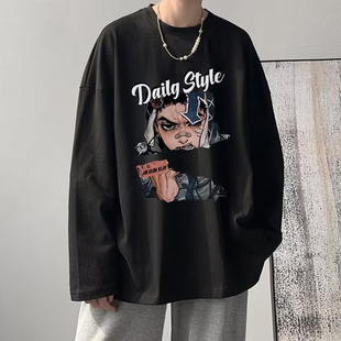 美式hiphop长袖t恤男春秋冬季ins上衣潮流百搭宽松高街印花打底衫