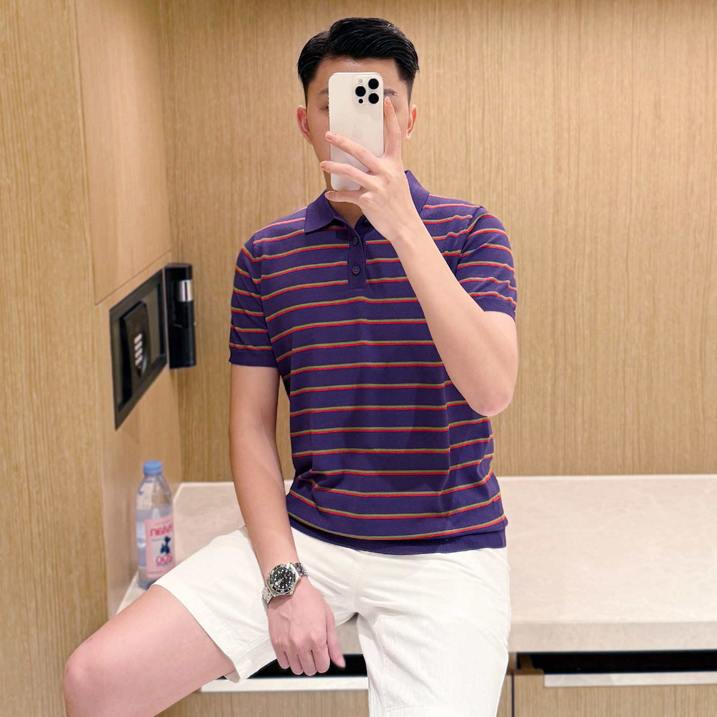 夏季短袖休闲复古拼色条纹polo衫图片