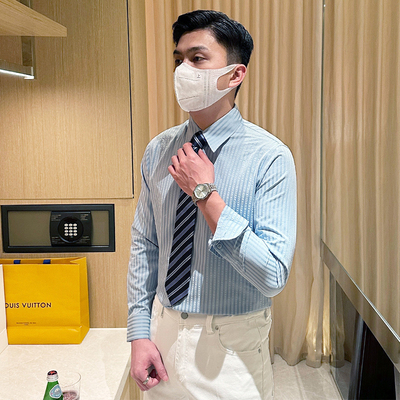 方领长袖商务休闲条纹衬衫儒雅