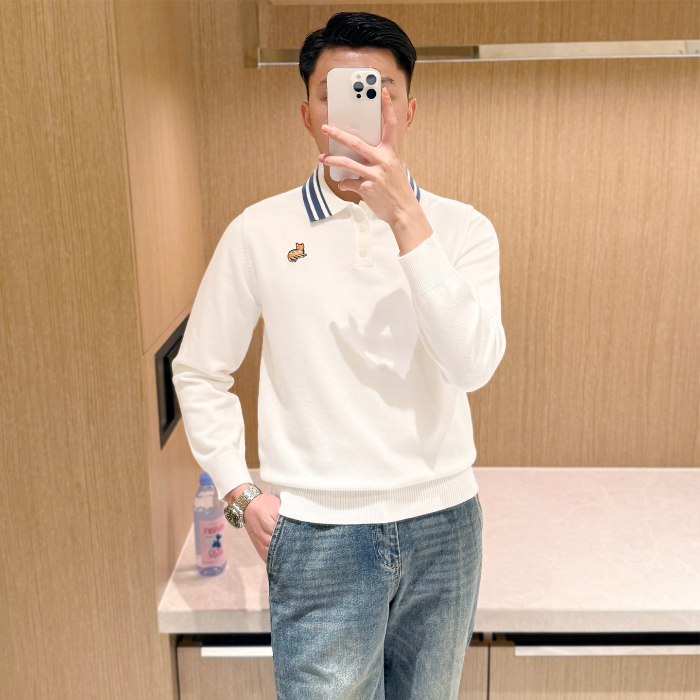 秋冬新款时尚奢华刺绣翻领针织上衣高级商务青年修身长袖polo衫男