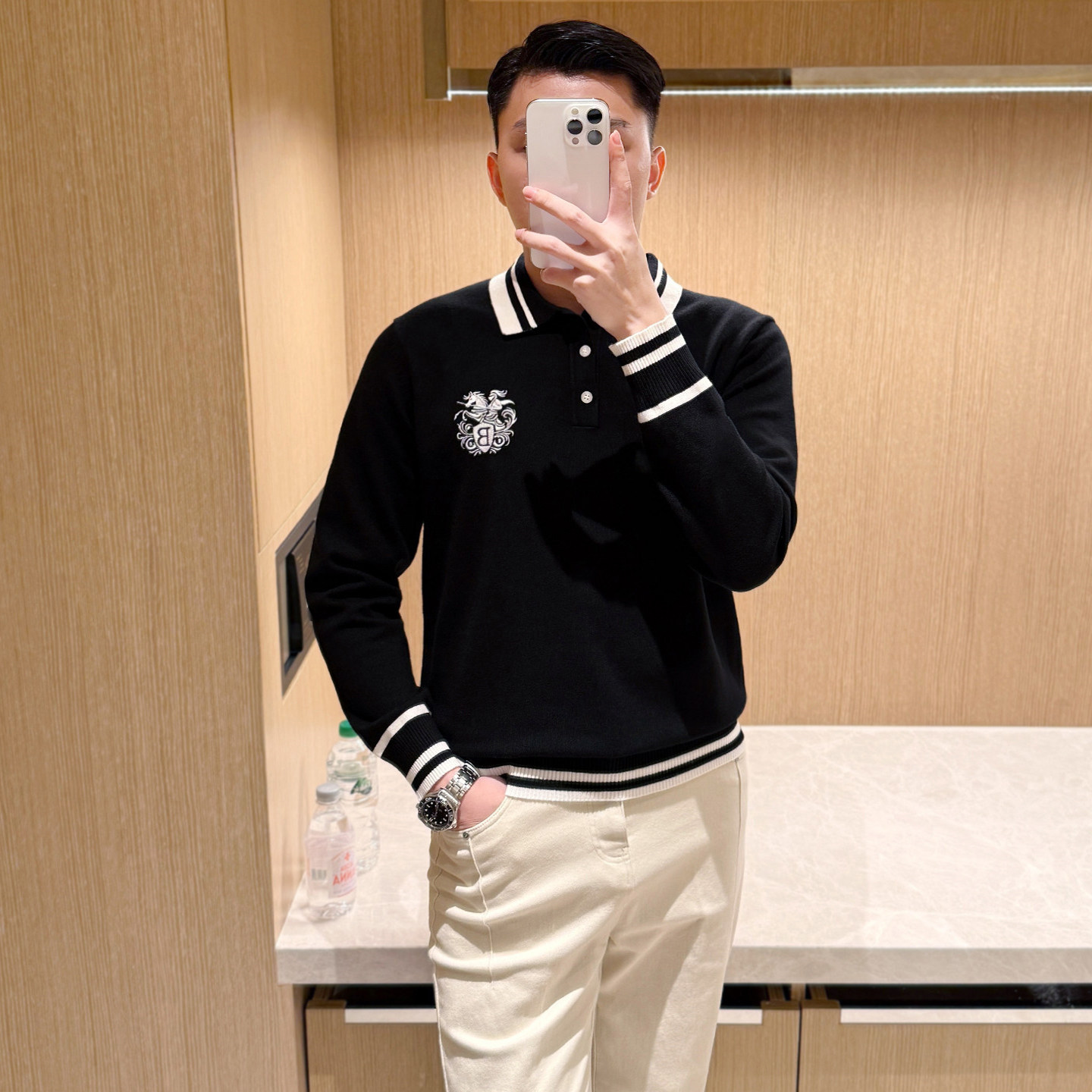 法式奢华骑士刺绣翻领针织上衣秋冬新款时尚商务修身长袖polo衫男