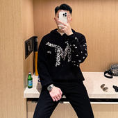 冬季 轻奢流行飞机提花带帽卫衣针织衫 男休闲宽松厚实保暖毛衣男款