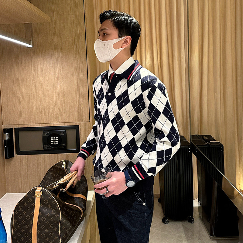 法国奢华男装菱格撞色翻领针织衫上衣时尚复古商务男士长袖polo衫,男装,Polo衫,淘宝优惠券,粉丝福利购,淘宝优惠卷