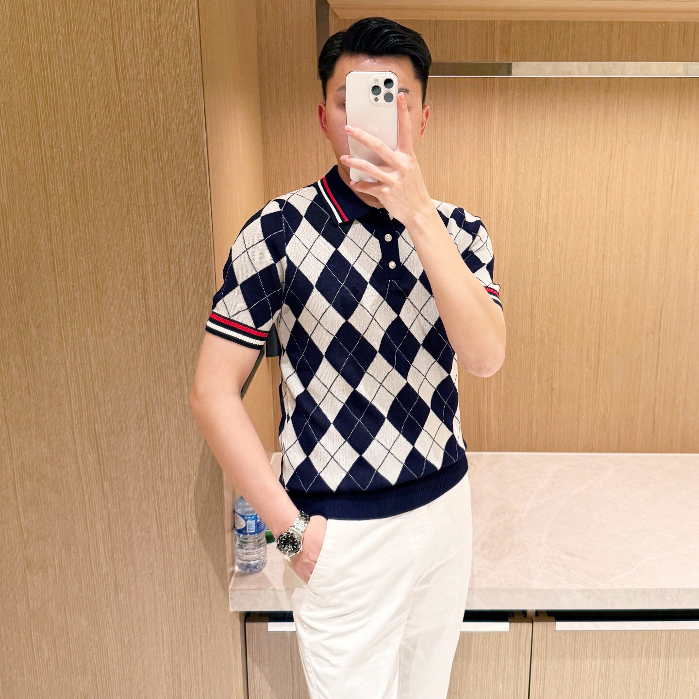 夏季高级商务男装翻领t恤短袖男 时尚新款休闲菱格拼色男士polo衫
