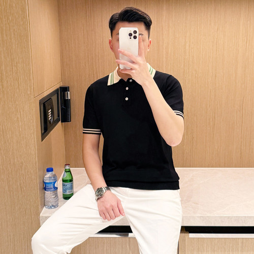 夏季短袖轻奢拼色冰丝polo衫透气