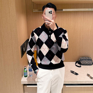 翻领针织衫 polo衫 男士 菱格撞色长袖 男 上衣秋冬新款 复古英伦风修身