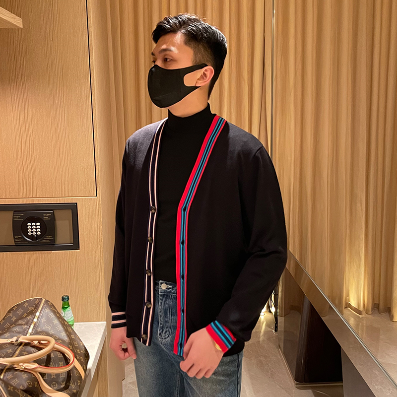 外套针织衫V领撞色螺纹开衫毛衣