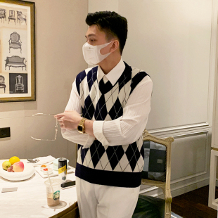 英伦复古风菱格撞色针织马甲男时尚 毛衣坎肩背心男 商务鸡心领无袖