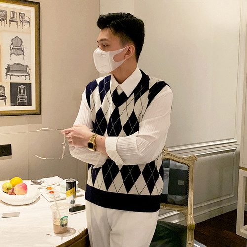 修身春秋季菱格撞色针织背心复古