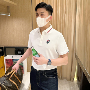 高级商务时尚 短袖 夏季 翻领t恤男士 男 休闲白色马标刺绣修身 polo衫