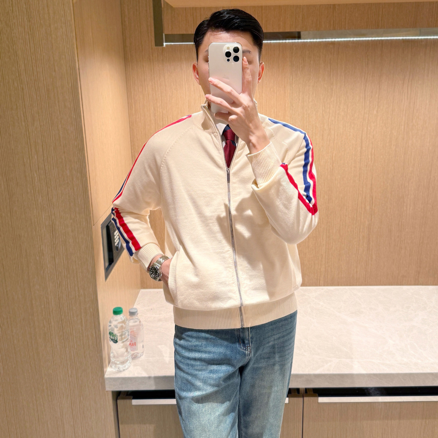 秋冬休闲运动风开衫毛衣男款时尚撞色条纹半高领拉链针织衫外套男