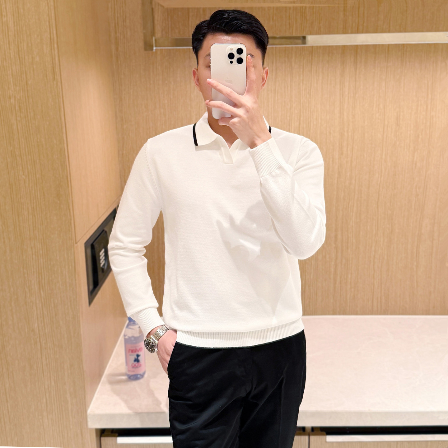 老钱风男装修身翻领男士上衣秋冬新款时尚商务海鸥领针织polo衫男