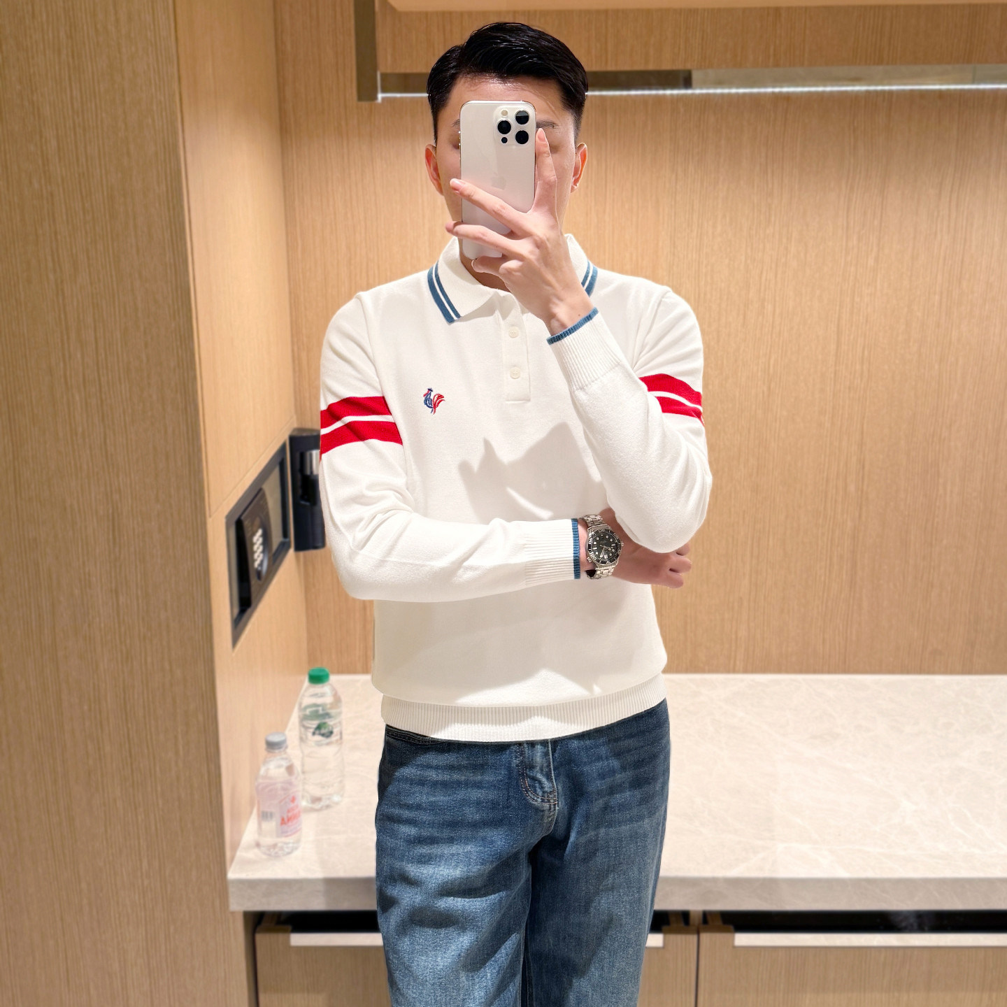 法式奢华公鸡刺绣拼色翻领针织衫男款秋冬高级白色修身男士polo衫