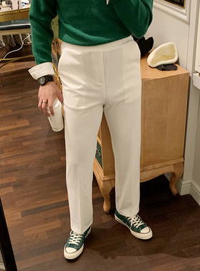 老钱风高级简约白色裤子直筒宽松秋季新款流行黑色纯棉休闲裤男款