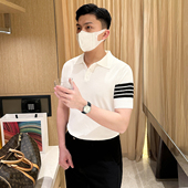 夏季 polo衫 新款 修身 男 时尚 翻领t恤针织短袖 复古黑白条纹拼色男士