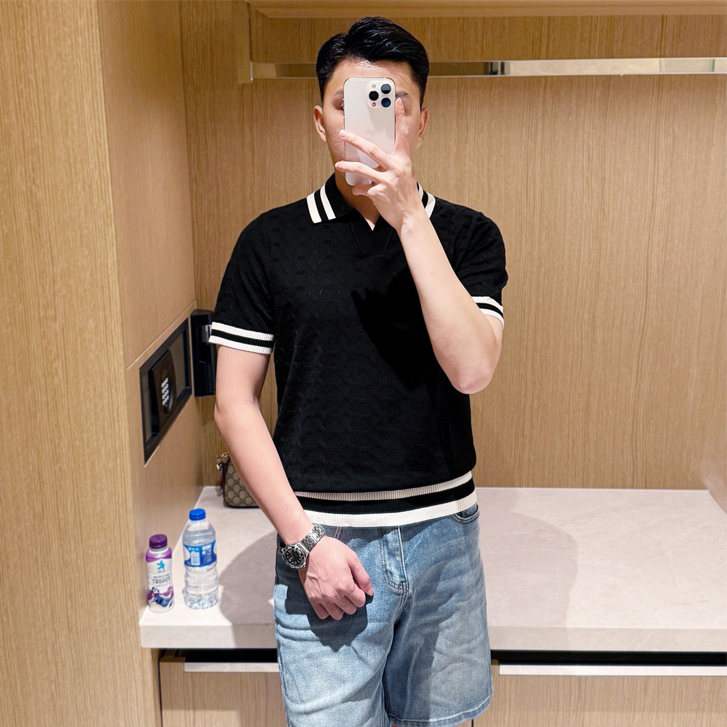 英伦复古男装针织肌理上衣翻领短袖t恤 夏季新款拼色条纹polo衫男