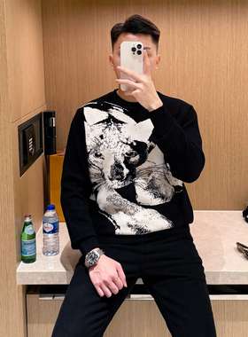 yomobrother高级黑色修身针织衫男款 流行猎豹提花圆领毛衣冬季男