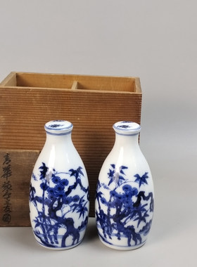 平安三浦竹泉筛月庵竹泉作染付酒壶一对。未使用品带原箱。