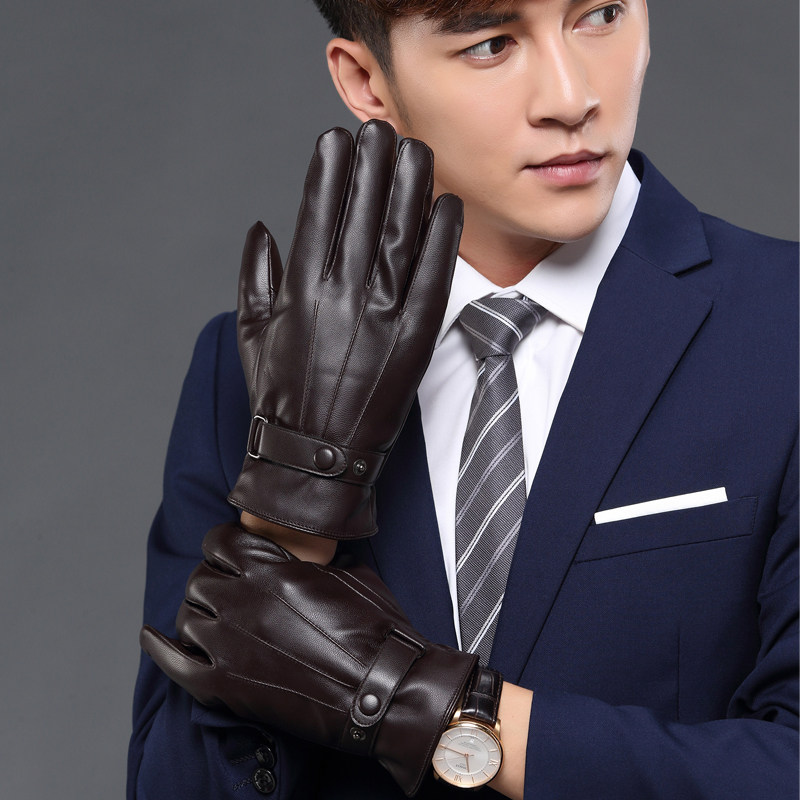 LEATHER GLOVES WINTER MENS KOREAN VERSION OF THE COLD MOTORCYCLE RIDING OUTDOOR AUTUMN AND WINTER WINDPROOF TOUCH SCREEN PLUS VELVET WARM GLOVES