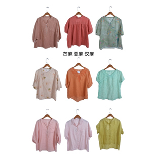 古着vintage复古春夏汉麻苎麻亚麻短袖衬衫上衣女装ML3