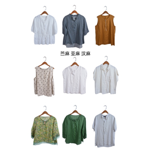 古着vintage复古春夏汉麻苎麻亚麻短袖衬衫上衣女装ML10