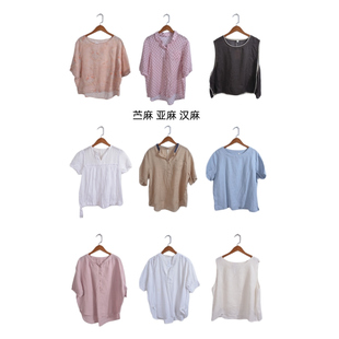 古着vintage复古春夏汉麻苎麻亚麻短袖衬衫上衣女装ML34
