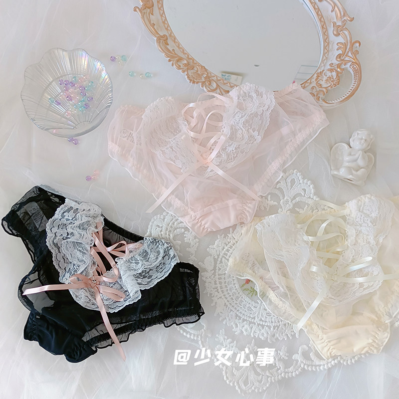 洛丽塔甜美少女粉色网纱内裤微透性感黑色蕾丝三角裤软妹胖次