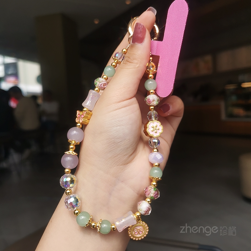 复古国风琉璃花吊坠手链女款ins时尚创意手作挂链手机挂绳短款手提手腕挂饰手工串珠链夹片式手机壳吊绳新款