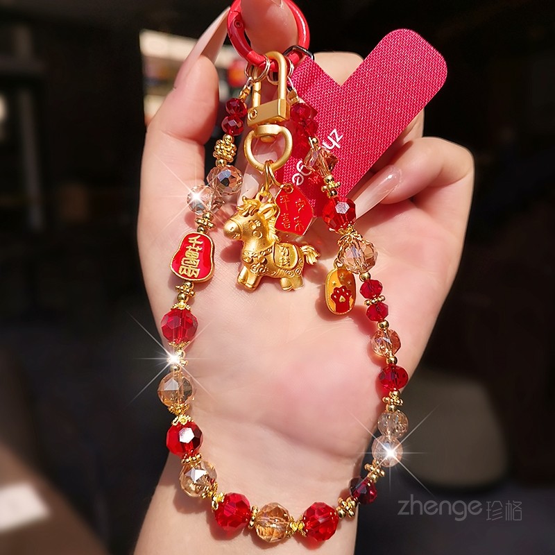 手机链串珠挂件女手腕绳马年新款招财猫水晶吊坠饰品超好看轻奢小众精致高级感户外旅游电话套壳手机挂绳通用