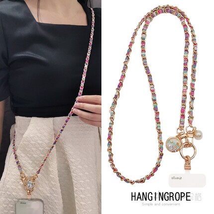 斜挎手机挂绳长款金属链彩绘布带子时尚女士户外防丢手机壳背带旅游出行逛街包包挂链可肩侧身背带绳通用新款