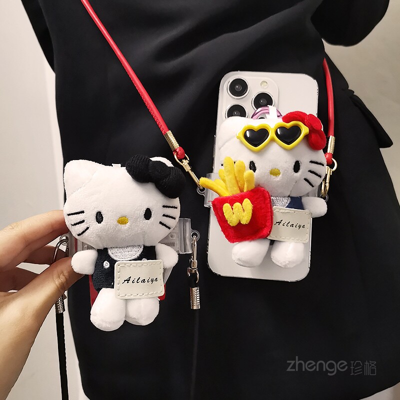 卡通可爱猫猫背夹手机挂绳斜挎可背长款ins户外出行旅游登山逛街毛绒挂件女皮质背带绳子牢固防掉手机壳通用
