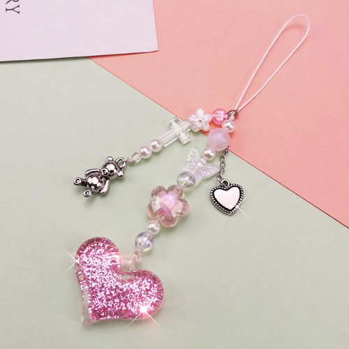 手机挂绳女款闪粉爱心挂件