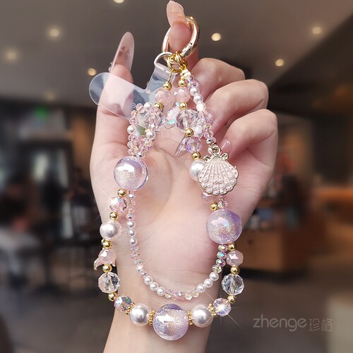 手机链挂件女精致珍珠水晶串珠饰