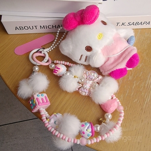 卡通可爱猫猫毛绒公仔手机链挂绳ins女士包挂手腕挂饰户外出行旅游逛街背包挂件玩偶串珠挂链短款 手机壳通用