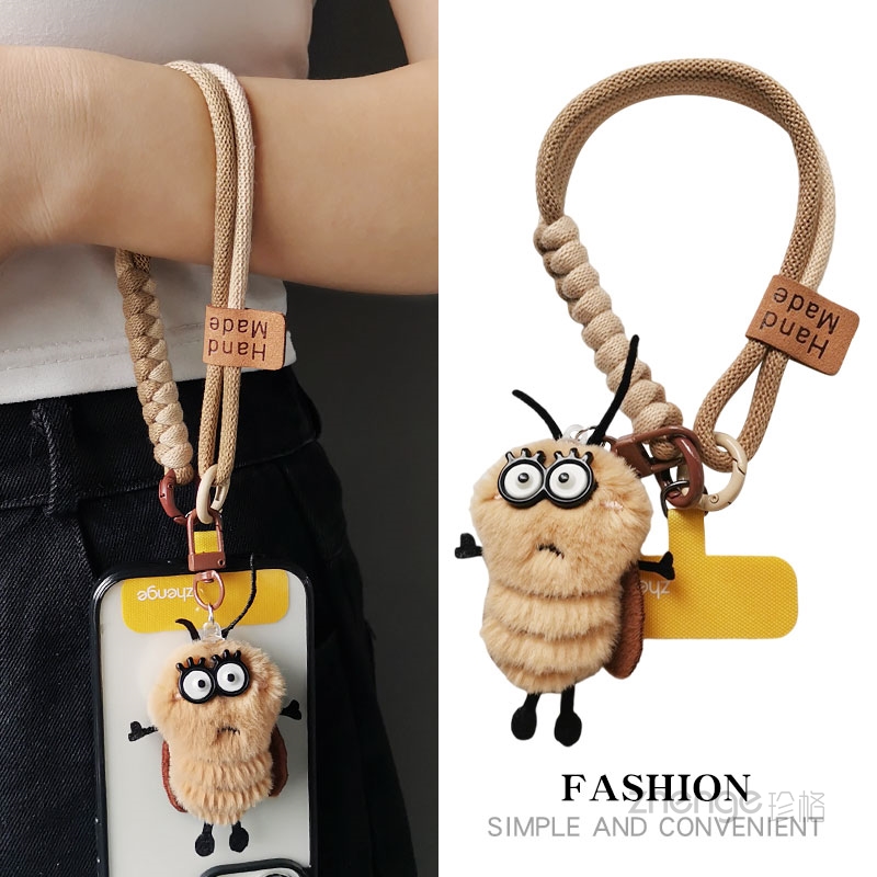 手机挂绳卡通可爱小强吊坠挂件编织手腕绳短款户外登山旅游行逛街拍照防丢摔手提链带子电话套壳吊绳通用新品