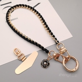 小香风手链手机挂绳ins时尚 金属圆扣夹片结实耐用户外旅游逛街防丢防盗手提手机壳挂链 女士皮卡链手腕绳短款