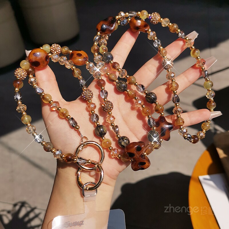 超好看手机挂链斜挎可背长款ins豹纹水晶串珠小众精致高级感饰女户外旅游行套壳包包链肩背带手机挂绳子新品