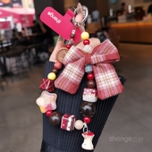 手机链女手腕短款 创意蝴蝶结苹果串珠挂件红色复古钥匙扣包挂吊饰户外旅游行防丢套壳相机挂链子手机挂绳新款