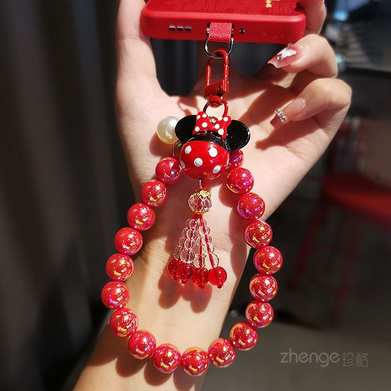 新年红圆珠招财手机挂链ins女