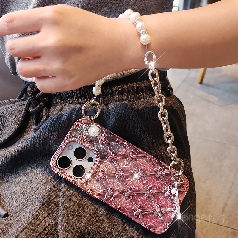 珍珠夹钻手链挂绳闪粉手机壳女