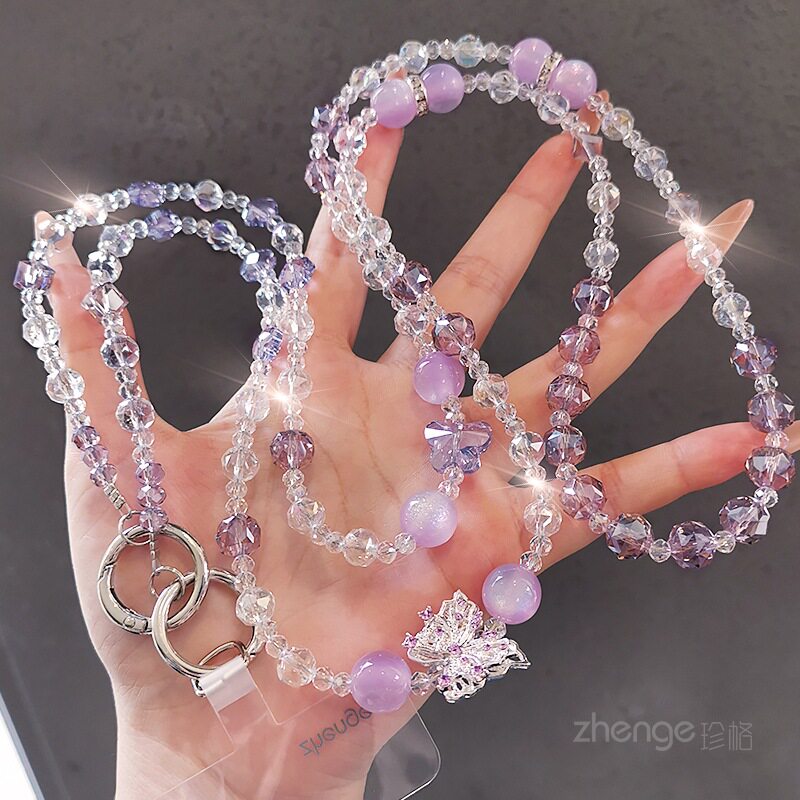 蝴蝶水晶珠手机链女斜挎长款高级感轻奢小众精致串珠链子超好看ins户外旅游行包包肩背带壳手机挂绳高端新品
