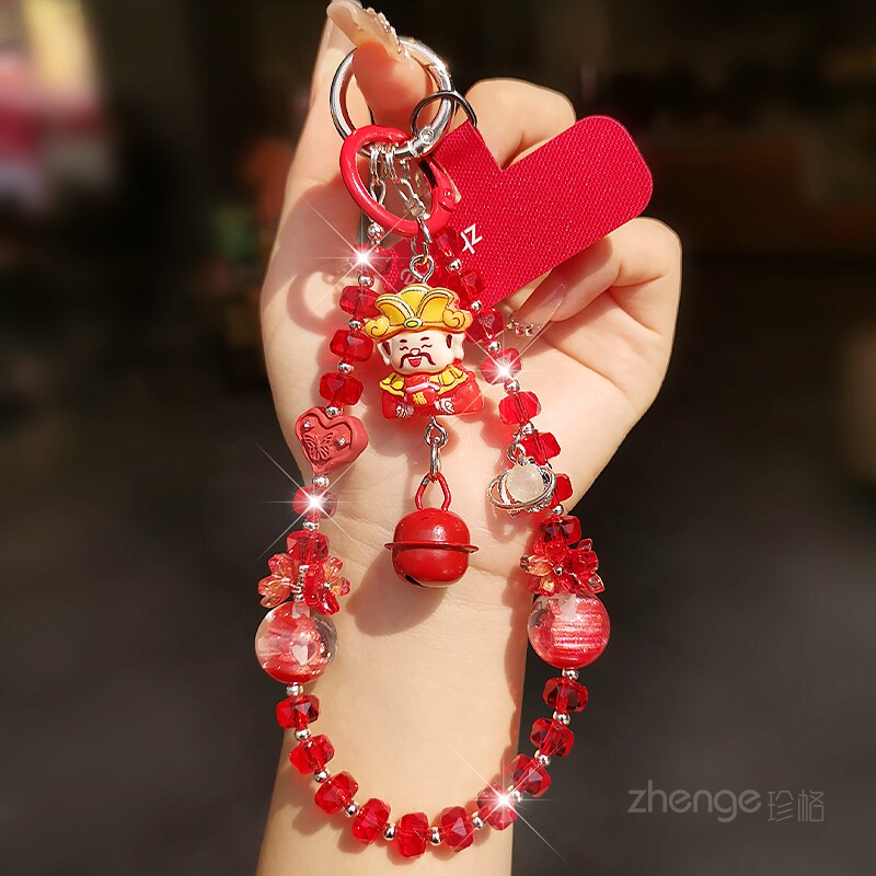 财神降临手机链挂绳红水晶挂件饰