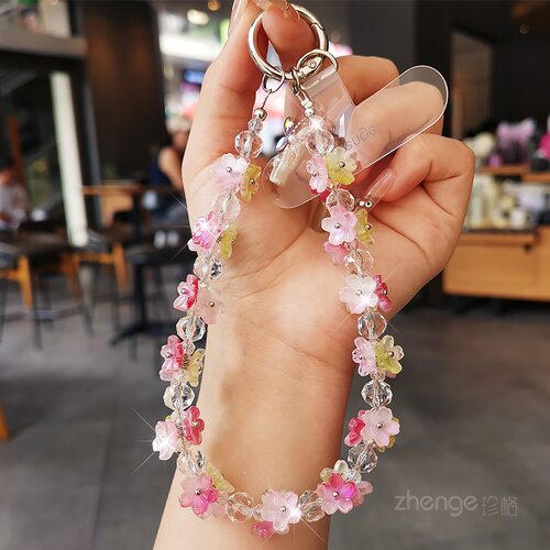水晶花朵手机链串珠挂件手腕绳女
