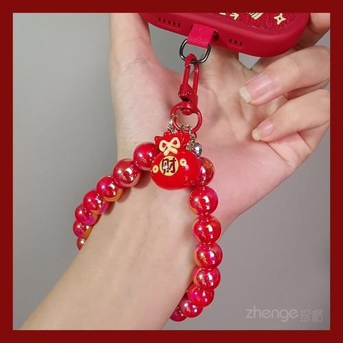 招财新年红圆珠手链手机挂绳