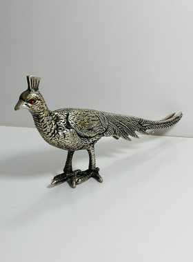Vintage铜镀银小鸟 长尾巴鸟 锦鸡雉乌动物摆件家居装饰 回流孤品