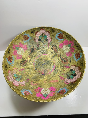 Vintage铜孔雀盘子高脚盘 高浮雕彩绘 满工满雕高端奢华 回流铜器