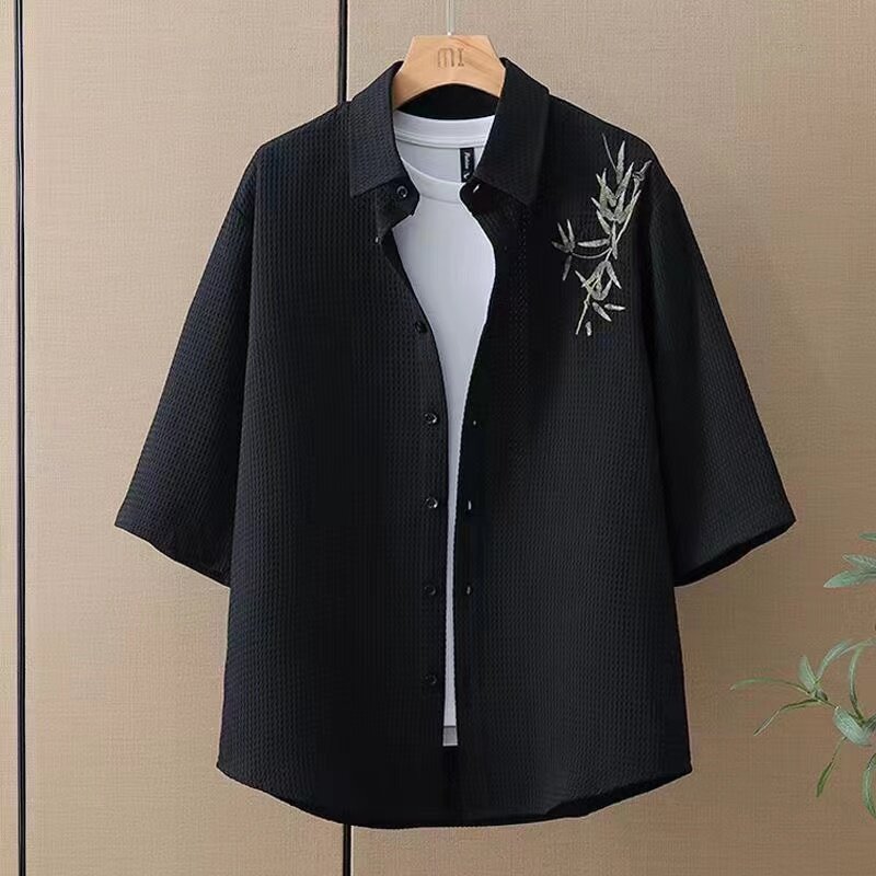 SUMMER SUIT WAFFLE SHORT-SLEEVED SHIRT MENS SUIT BAMBOO LEAF EMBROIDERY FIVE-POINT PANTS LOOSE TRENDY TWO-PIECE SET