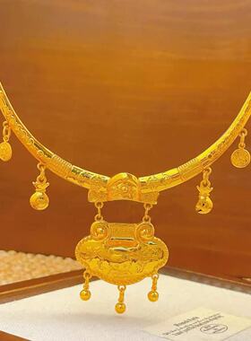 金店同款铜镀金婴儿宝宝项圈金锁仿真平安满月百天周岁长命锁